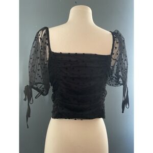 Forever 21 Black Tulle Heart Print Ruched Puff Sleeve Square Neck Crop Top Women